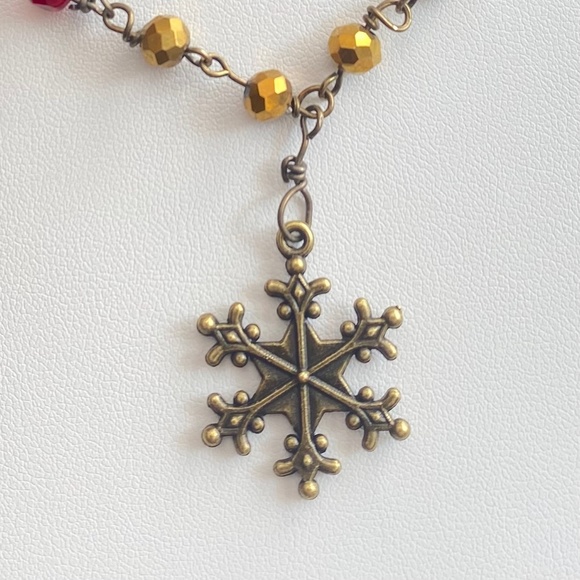 Snowflake Beaded Rosary Style Red, Brass & Golden Wire Wrapped Necklace - Picture 2 of 8